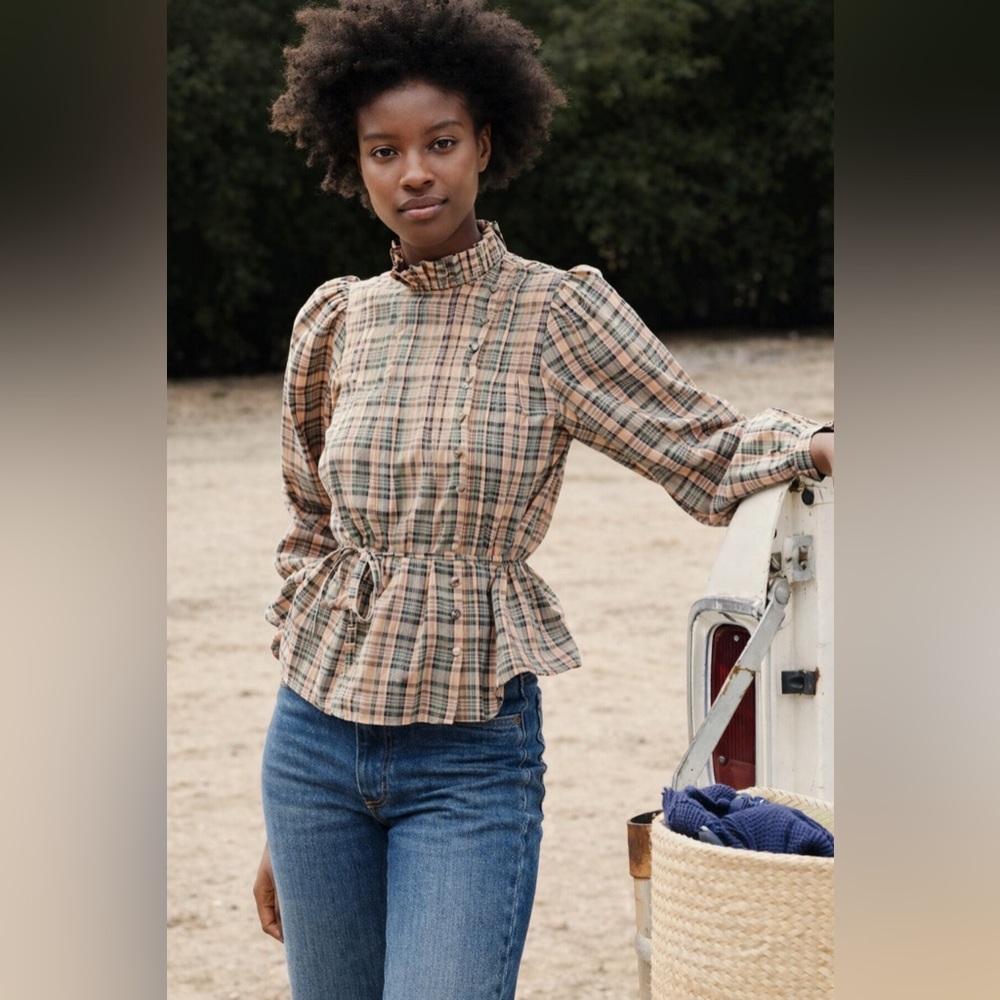 DÔEN Palmera Check Printed Waist Belted Pintucked Organic Cotton Voile Blouse - Picture 2 of 10
